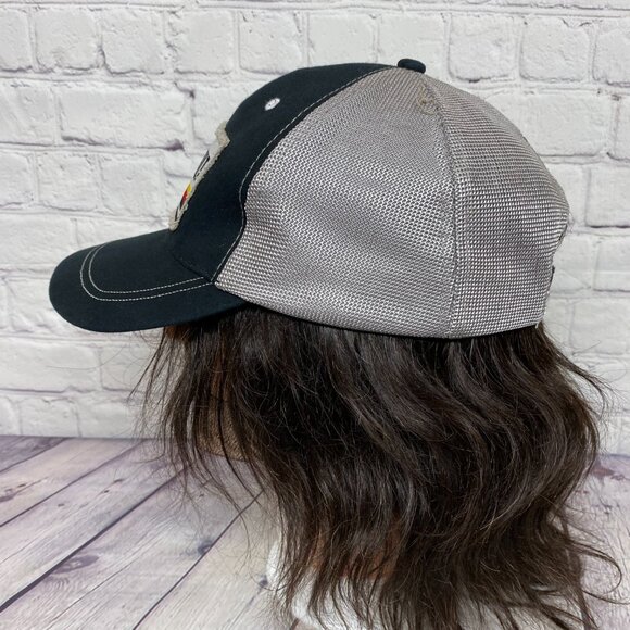 Trucker Hat Mesh Cap Strap Back Black Gray One Size Fits All BOURGAULT Patch - Picture 2 of 8